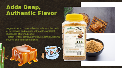 Jaggery powder packaging with text and illustrations on a dark background