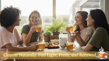 Four women enjoying a meal together with drinks, promoting a cleanse lifestyle.