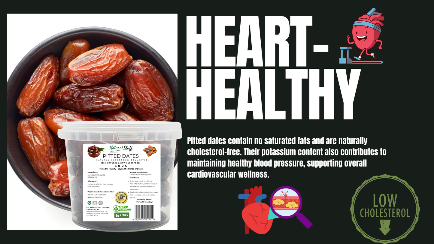 Pitted dates in a bowl with a container labeled 'Bitter Date' and health benefits text on a black background.