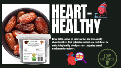 Pitted dates in a bowl with a container labeled 'Bitter Date' and health benefits text on a black background.