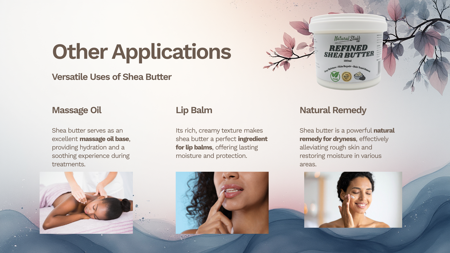 Shea butter packaging with uses displayed on a decorative background