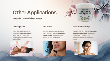 Shea butter packaging with uses displayed on a decorative background