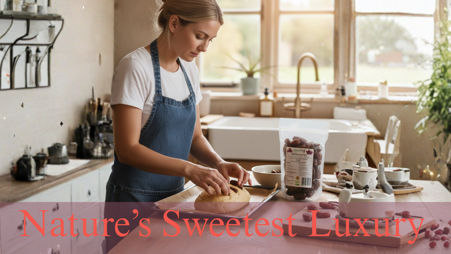 Woman preparing food in a kitchen with 'Nature's Sweetest Luxury' text overlay.