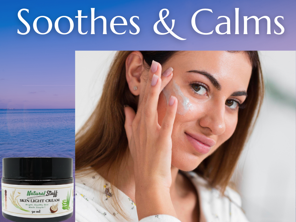 Woman applying cream to her face with a jar of cream on a blue background, text 'Soothes & Calms'.