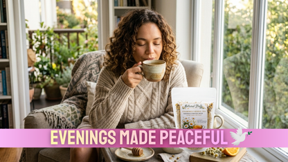Woman drinking coffee in a cozy room with 'Evenings Made Peaceful' text overlay.