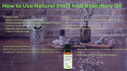 Rosemary oil bottle with usage instructions on a natural setting background