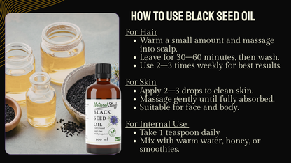 Black seed oil with usage instructions for hair, skin, and internal use on a black background.