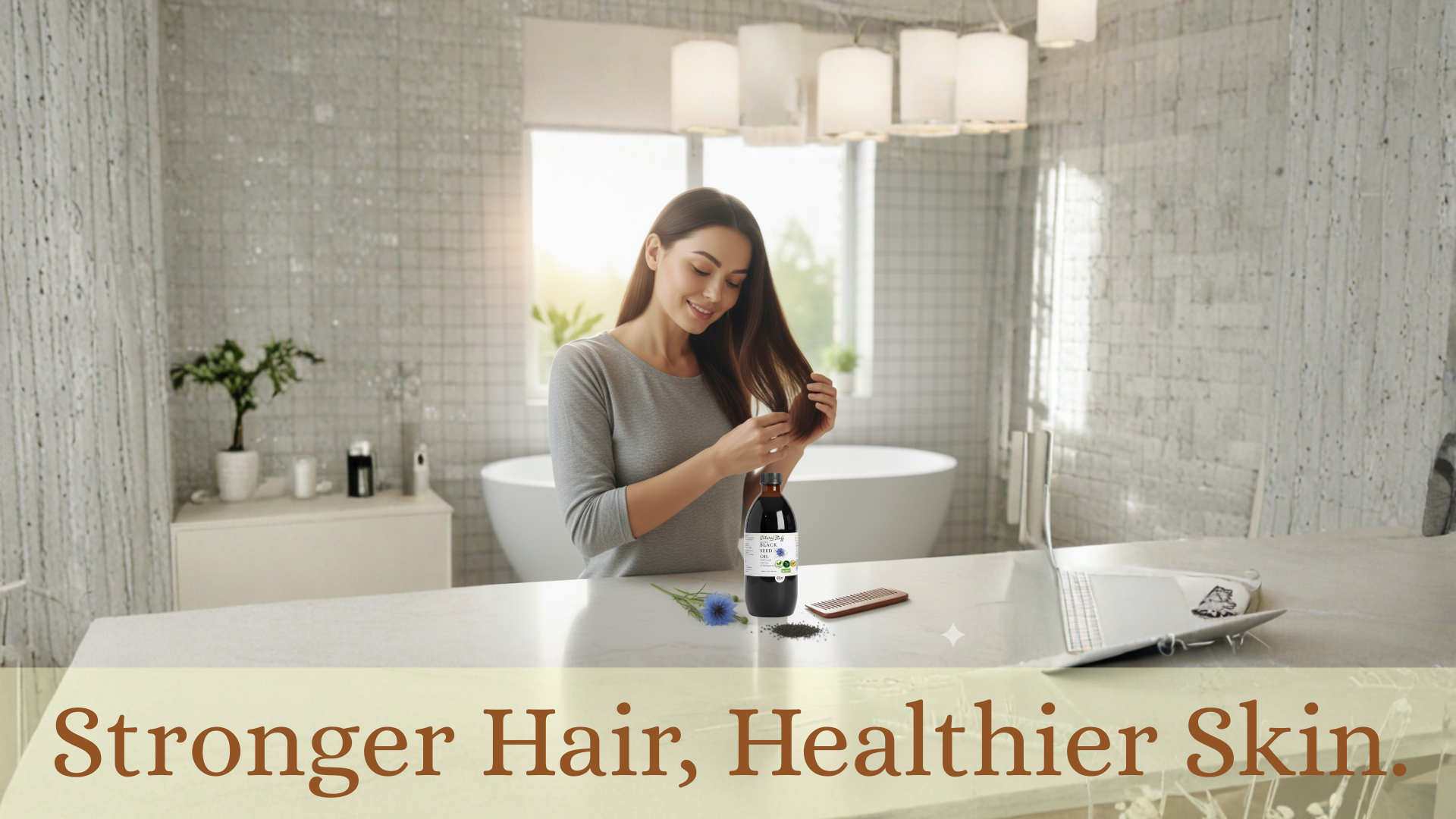 Woman in a bathroom with text 'Stronger Hair, Healthier Skin'.