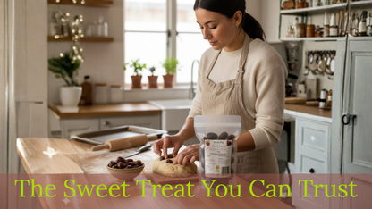 Woman in a kitchen preparing food with a bag of chocolate chips, text 'The Sweet Treat You Can Trust' displayed.