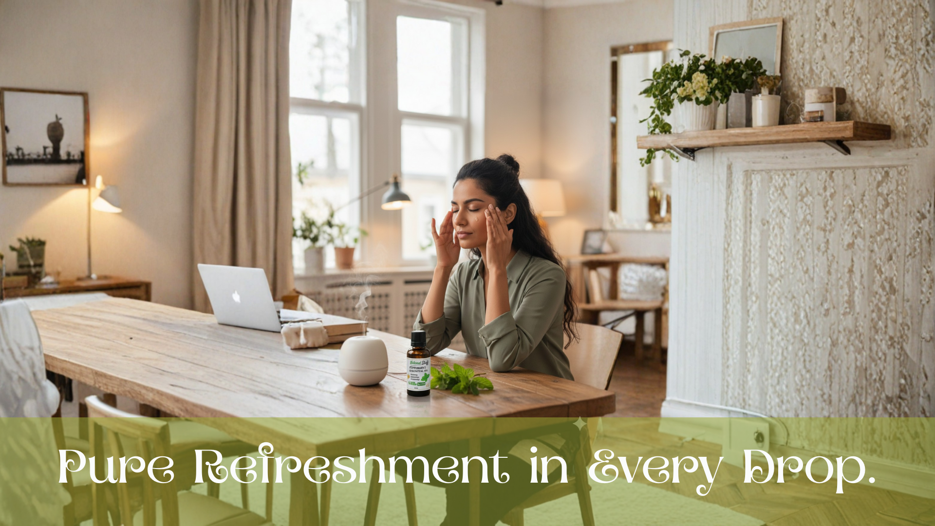 Woman sitting at a table with a laptop in a cozy room with plants and decor.