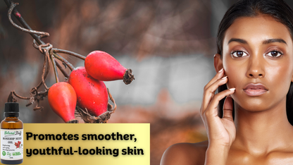Woman touching her face with a bottle of serum and rosehips on a blurred background