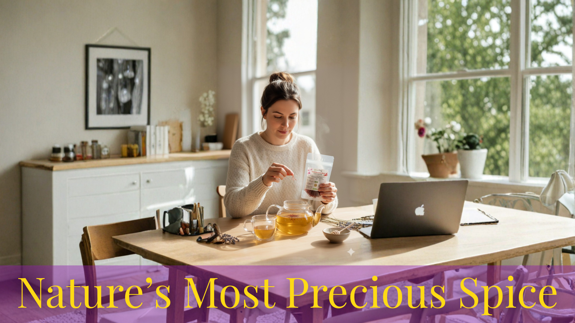 Woman sitting at a table with a laptop and a glass of tea, surrounded by plants and decor.