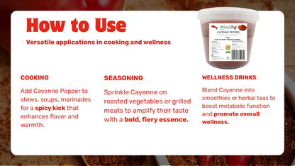 Instructions on how to use cayenne pepper for cooking, seasoning, and wellness drinks on a label.