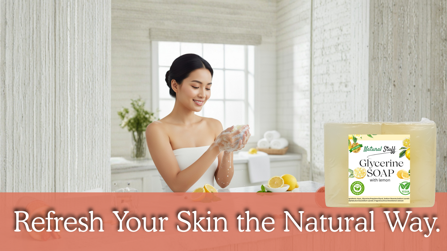 Woman washing hands with soap in a bathroom, with a bar of soap labeled 'Natural Stuff' on a pink banner.