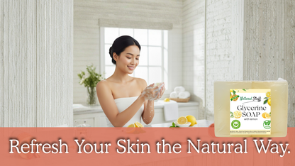 Woman washing hands with soap in a bathroom, with a bar of soap labeled 'Natural Stuff' on a pink banner.
