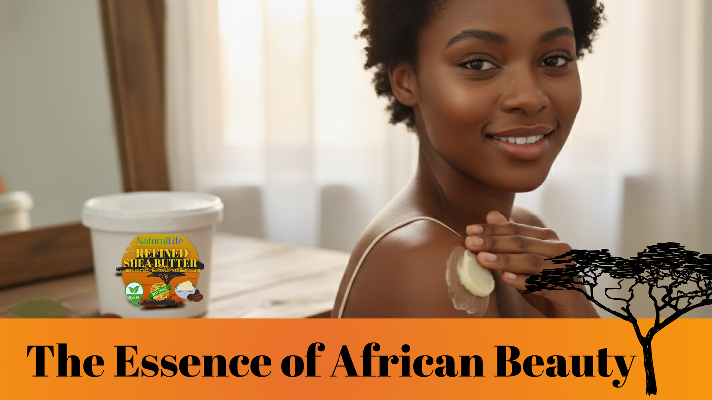 Woman applying shea butter to her shoulder with a container of shea butter in the background, featuring text 'The Essence of African Beauty'.