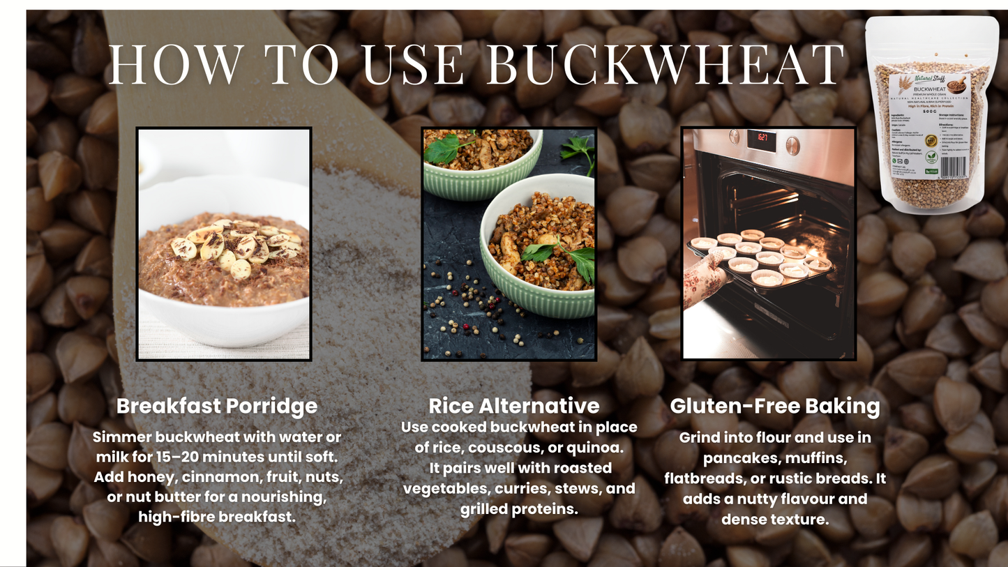 Instructions on how to use buckwheat with images and text on a textured brown background.