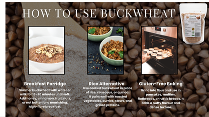 Instructions on how to use buckwheat with images and text on a textured brown background.