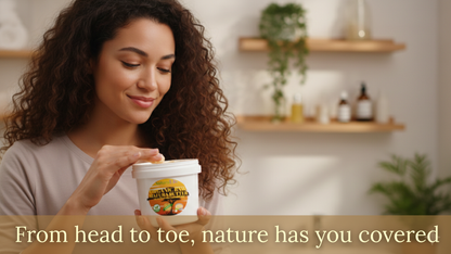 Woman holding a container with a brand logo, surrounded by plants and shelves in a blurred background