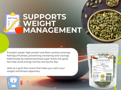 Pumpkin seeds packaging with text about weight management and health benefits on a blurred background.