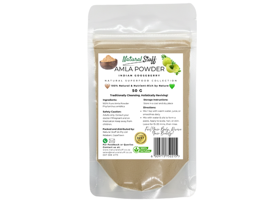 Package of Amla powder by Natural Stuff on a white background