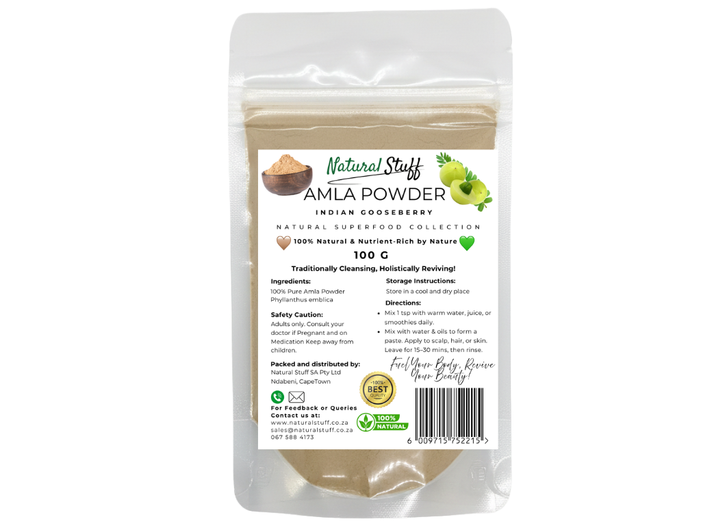 Package of Amla Powder with branding and product details on a white background