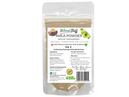 Package of Amla Powder with branding and product details on a white background