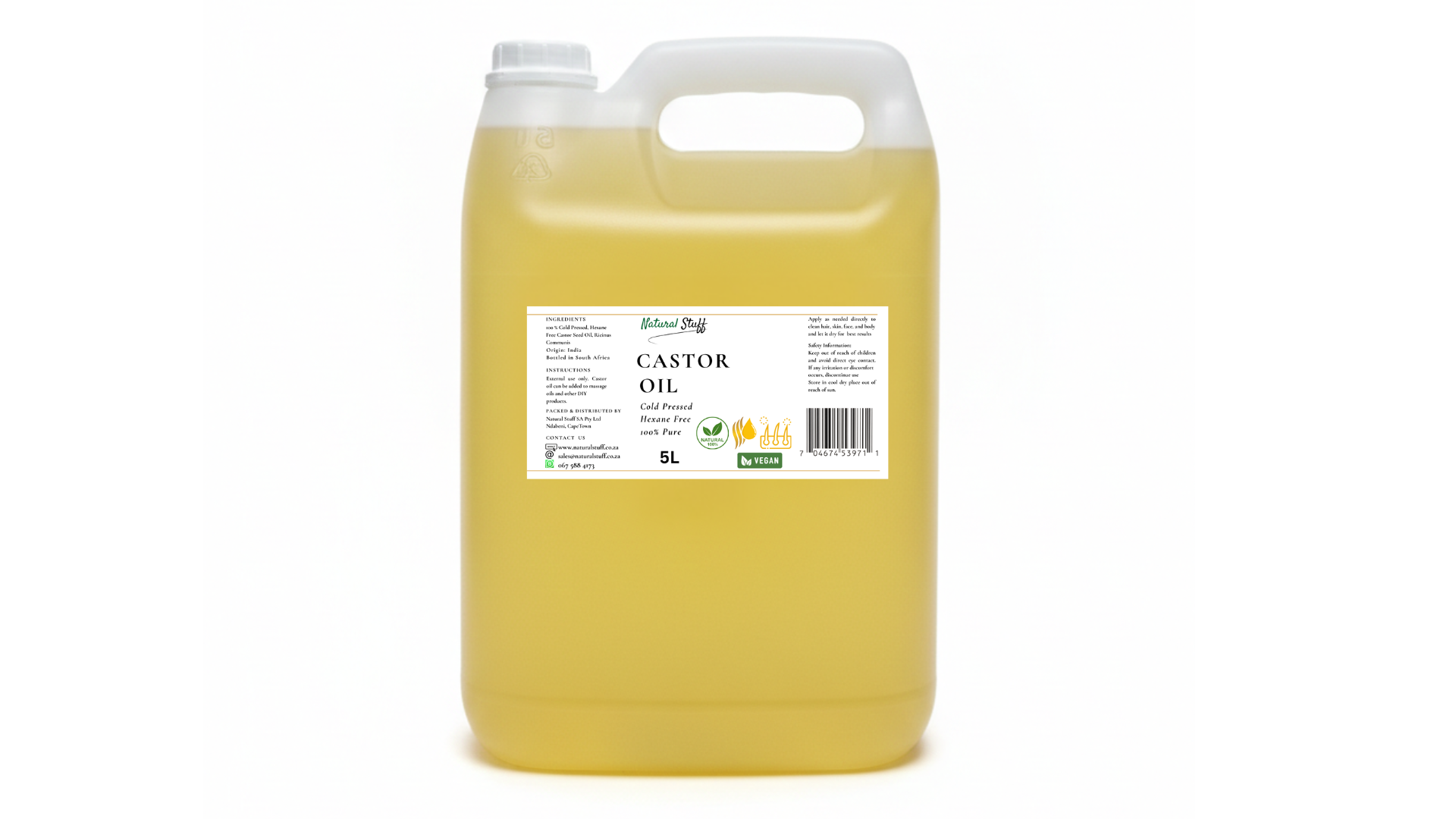 5-liter container of castor oil on a white background