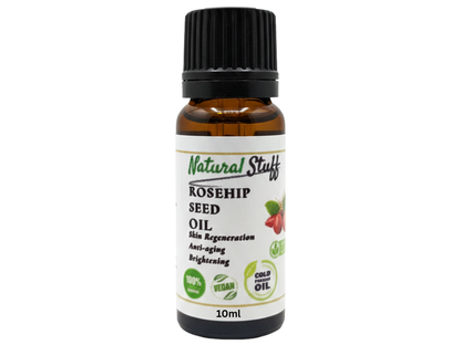 Bottle of Natural Stuff Rosehip Seed Oil on a white background