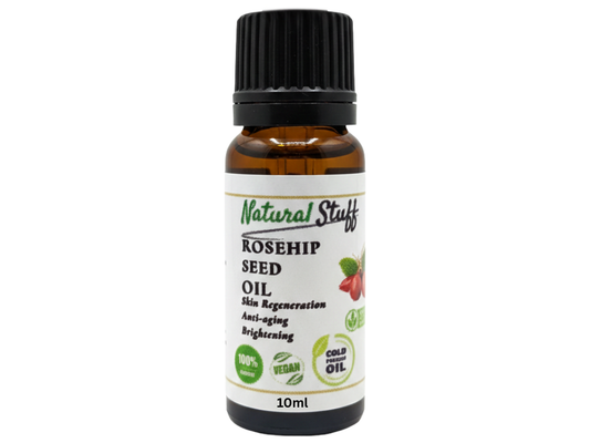 Bottle of Natural Stuff Rosehip Seed Oil on a white background