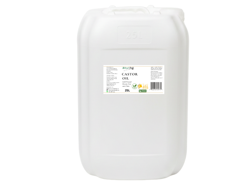 White container of castor oil with a label on a white background