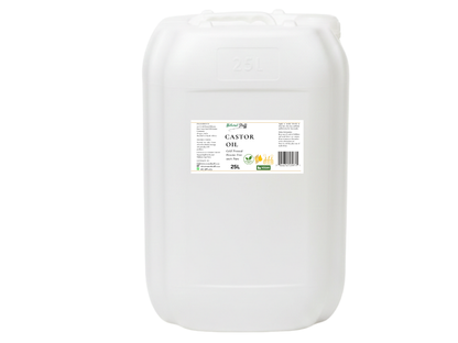 White container of castor oil with a label on a white background