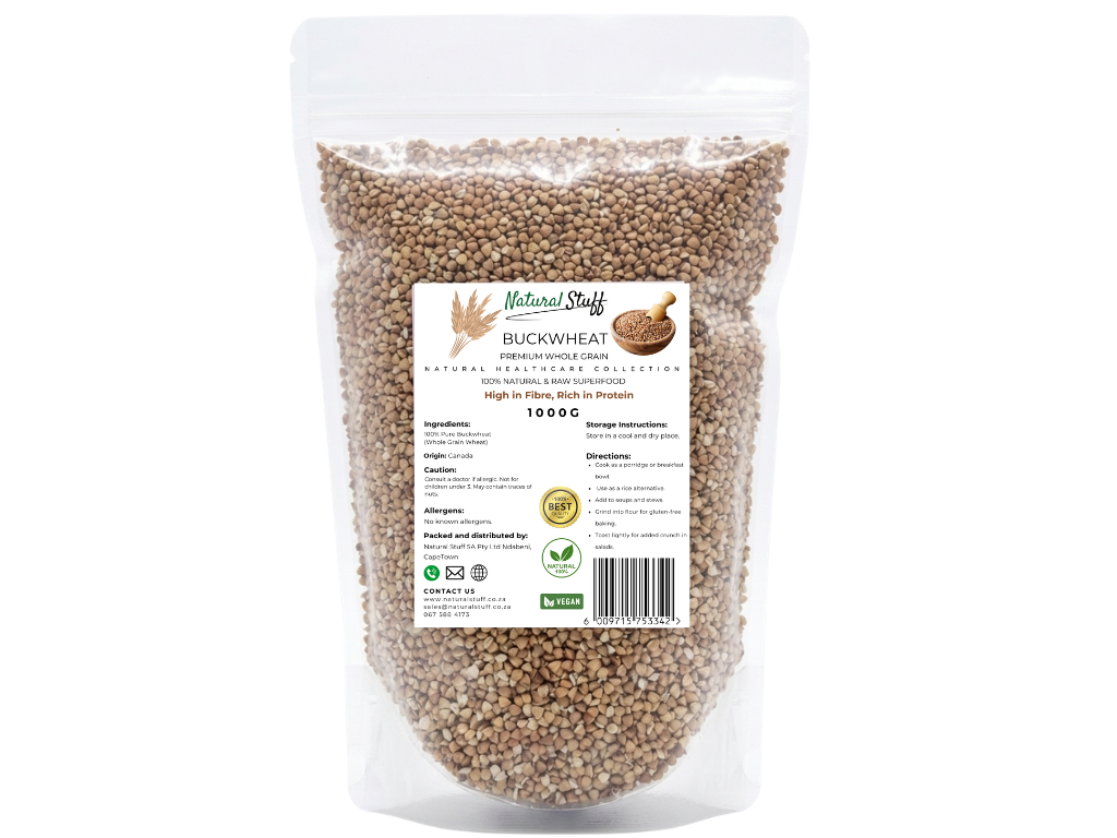 Bag of buckwheat with a label on a white background