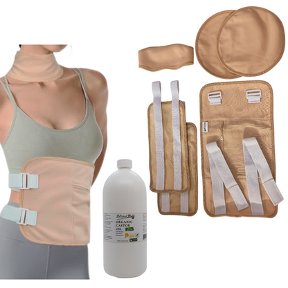 Natural Stuff Castor Oil Pack Wrap Elastic Strap Cotton Hot & Cold Set of 6 + 500ml Organic Castor Oil