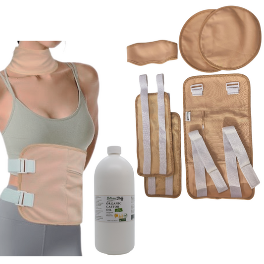 Natural Stuff Castor Oil Pack Wrap Elastic Strap Cotton Hot & Cold Set of 6 + 500ml Organic Castor Oil