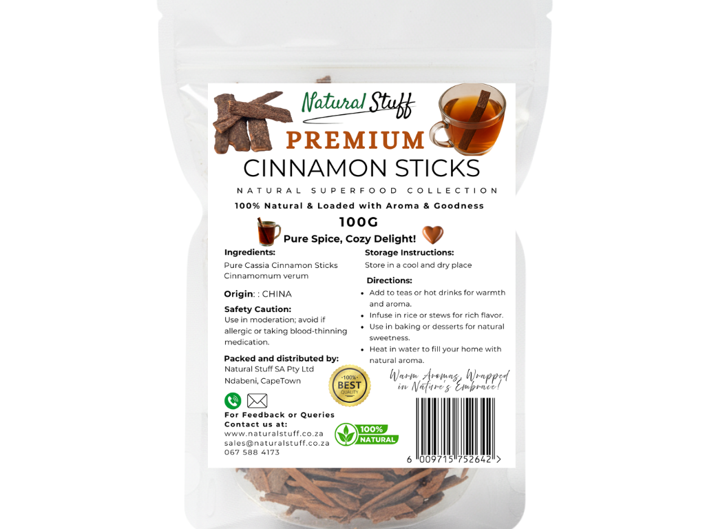 Pack of Natural Stuff Premium Cinnamon Sticks with packaging details on a white background