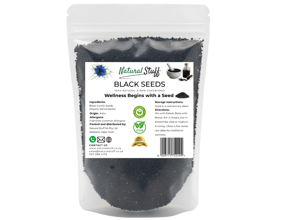 Bag of black seeds with a label on a white background