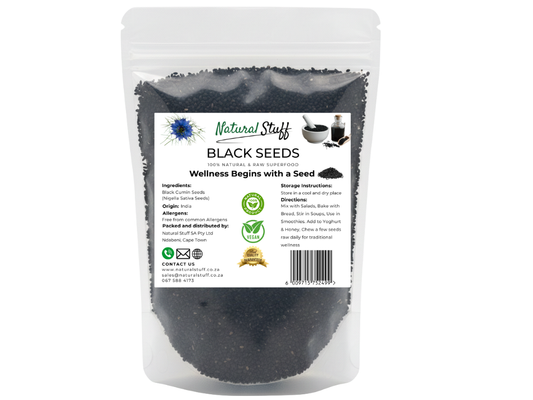 Bag of black seeds with a label on a white background