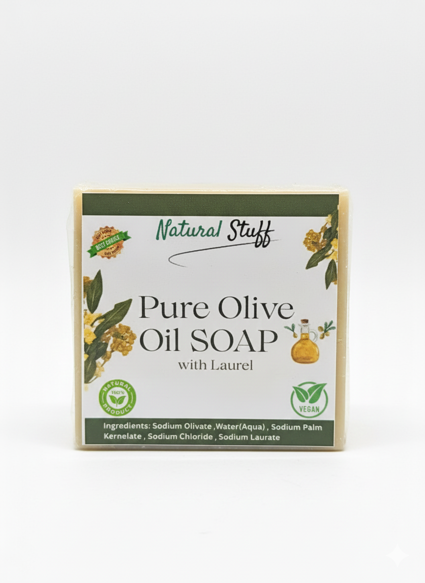 Box of Pure Olive Oil Soap with Laurel from Natural Stuff on a white background
