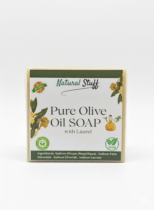 Box of Pure Olive Oil Soap with Laurel from Natural Stuff on a white background