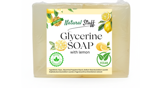 Bar of soap with a lemon-flavored label on a white background