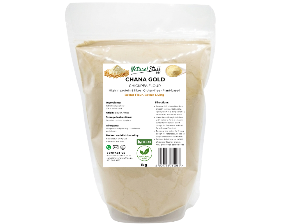 Packaged chana gold (chickpea flour) with a label on a white background
