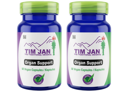 Two bottles of Tim Jan Organ Support capsules on a white background