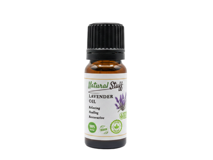 Bottle of lavender oil with a white label on a white background