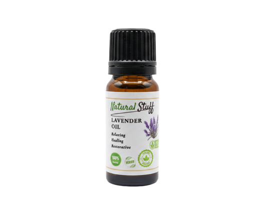 Bottle of lavender oil with a white label on a white background
