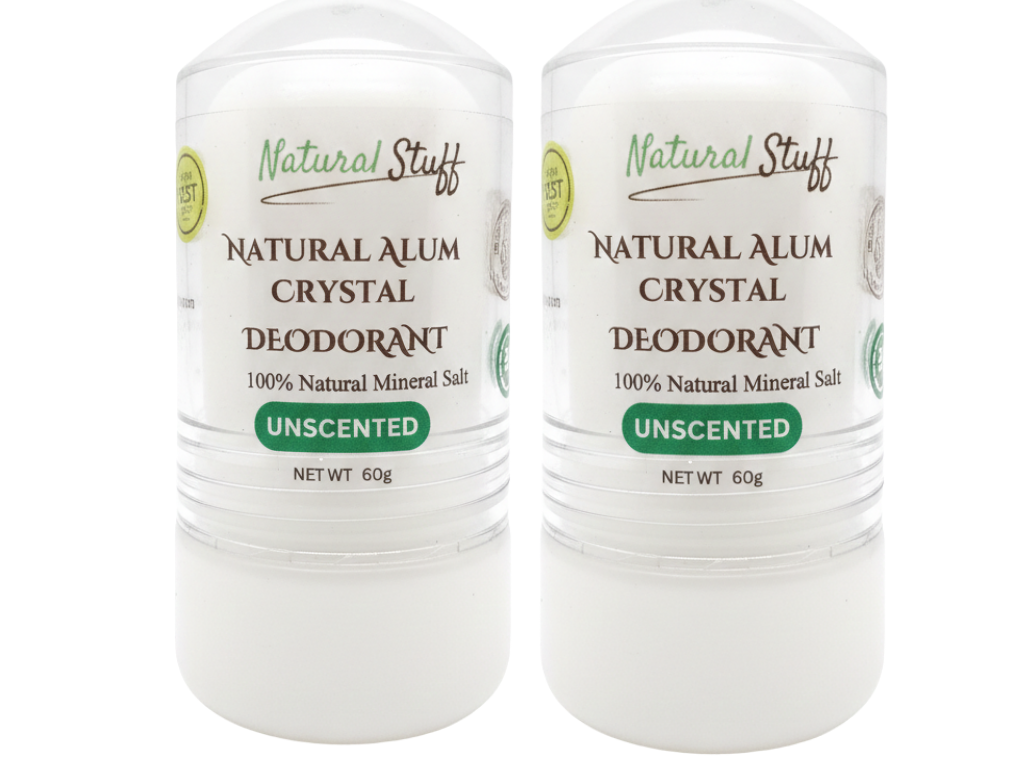 Two bottles of Natural Stuff Natural Alum Crystal Deodorant on a white background