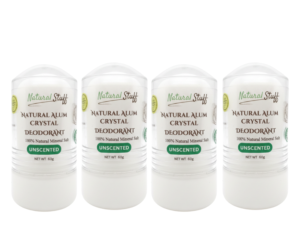 Four bottles of Natural Stuff Natural Alum Crystal Deodorant on a white background