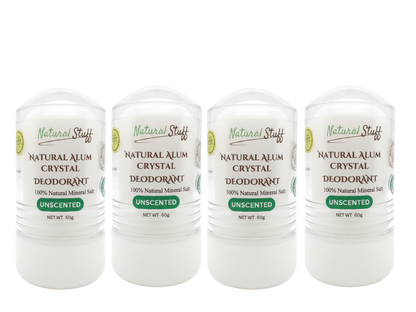 Four bottles of Natural Stuff Natural Alum Crystal Deodorant on a white background