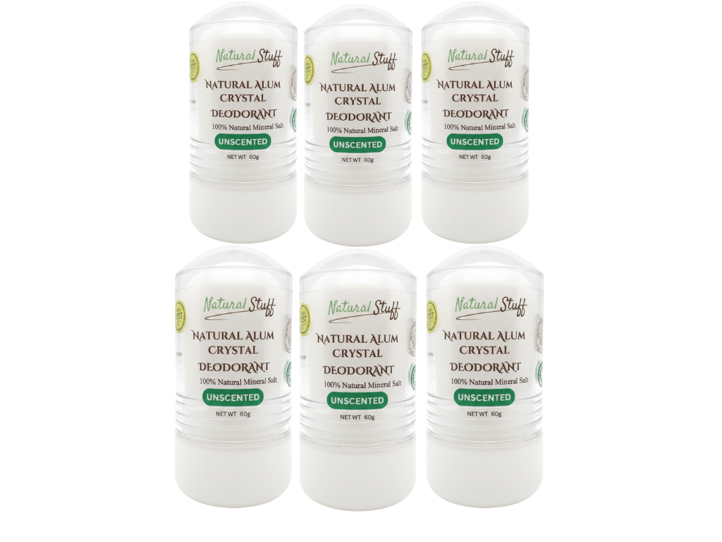 Six bottles of Natural Stuff Natural Alum Crystal Deodorant on a white background