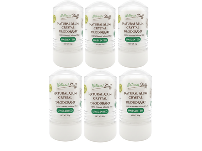 Six bottles of Natural Stuff Natural Alum Crystal Deodorant on a white background